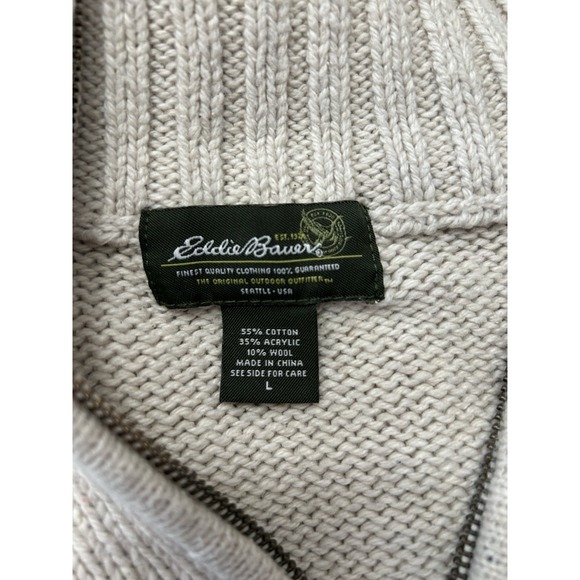 Eddie Bauer Nordic Quarter‎ Zip Tan & Green Fishermans Cabin Core Sweater Large - Picture 5 of 7